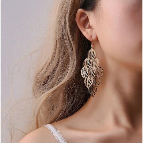 Womens Multi-layer Hollow Leaf Earrings Boho Natural Leaf Pendant Ear Hook Jewelry Party Ladies Gift серьги женские #40