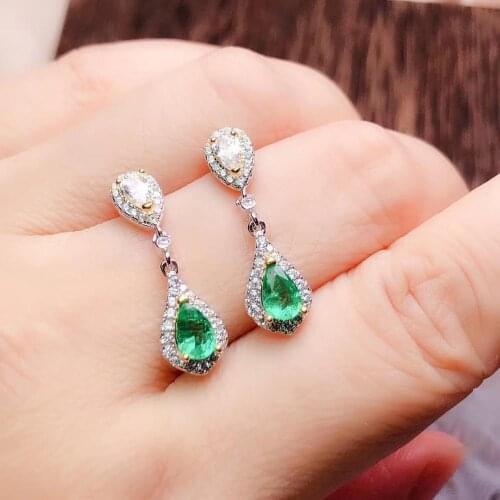 Fashion grace water drop natural green Emerald drop earrings Natural gemstone earrings 925 silver female party Ear line jewelry