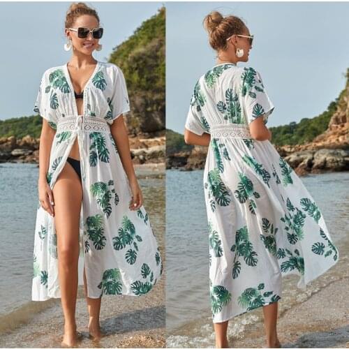 40GC Women Bikini Swimsuit Cover Up Bohemian Green Palm Leaves Print Kimono Cardigan Open Front Tie Waist Beach Long Dress Loose