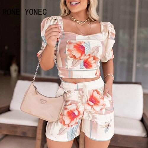 Women Floral Print Square Neck Bubble Sleeve Top & Drawstring Shorts Summer Vacation Suit