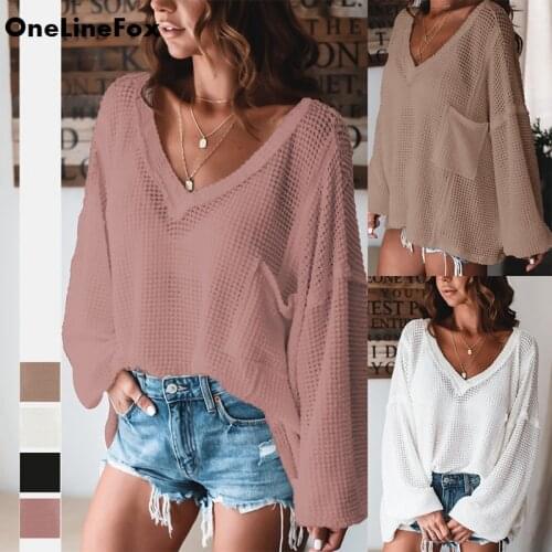 OneLineFox Womens Drop Shoulder Loose Lantern Long Sleeve V Neck Pullover Sweater Tops Elegant Casual Street Female Clothing