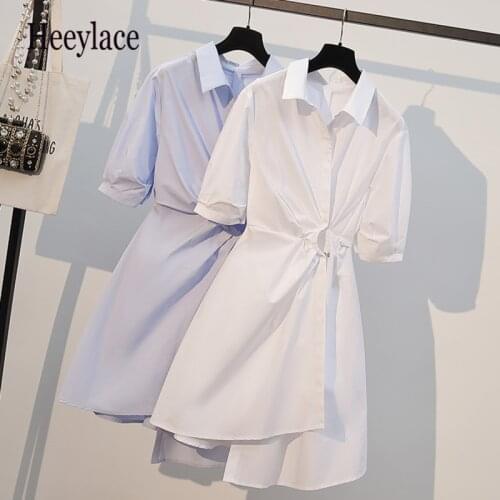 Plus size women Summer turn down collar shirt dress office ladies elegant solid irregular A-line party dress korean casual robe