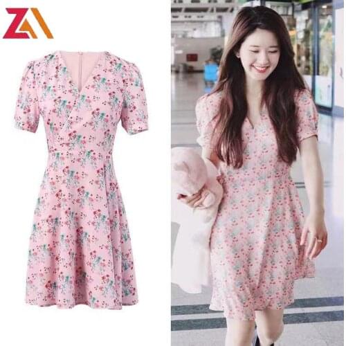 ZAlady Korean Summer Women Pink Mini Dress Elegant V-neck Short Sleeve Floral Printed Streewear Beach Sundress Vestidos robes