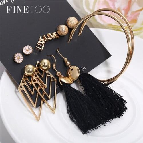 Gold Color Ball Circle Hoop Geometric Earrings Set for Women Girls Love Flower Earrings Bohemian Fringe Tassel Earrings
