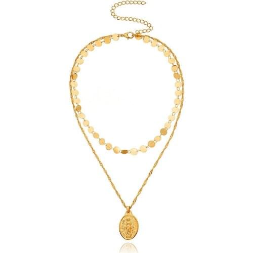 2020 New Fashion Women Stylish Double Layer Engraved Round Pendant Adjustable Chain Necklace Gift