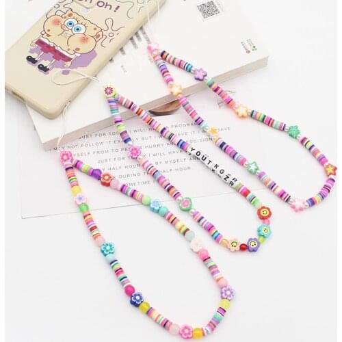 Colorful Clay Beads Mobile Phone Chain Smile Pearl Soft Pottery Chains For Phone Mobile Hanging Cord Crystal Letter Lanyard