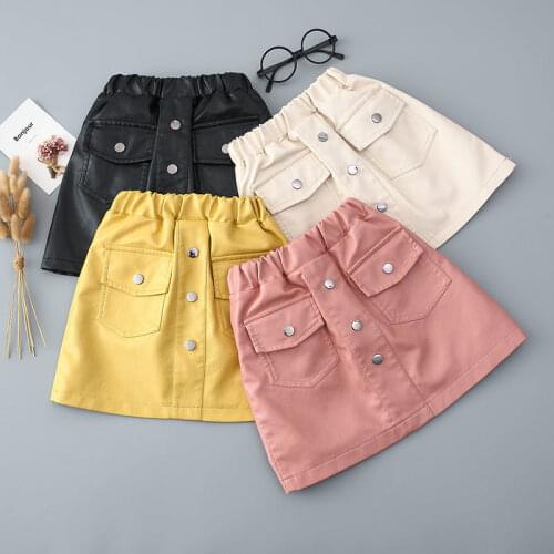 Kids Leather PU Skirt for Girls School Outfit Comfortable Baby Clothes Button Pocket Mini Skirt Children Clothes 6 8 10 12Y