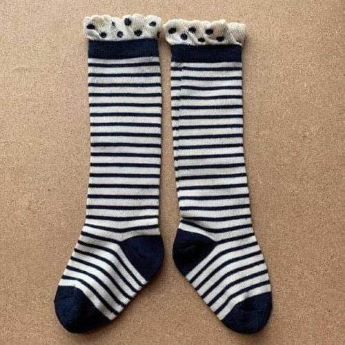 Girl baby kids high knee socks with stripes and dots lace for lovely girl baby newborn girl over-knee cotton socks in off white