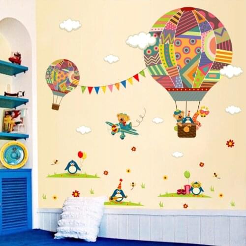 Eco-friendly Cartoon Hot Air Balloon Wall Stickers Nursery Kids room Bedroom Giraffe Penguin DIY Wall Decals Art Home Decor dc42
