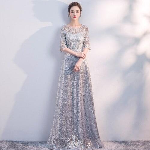 Sequins Elegant Special Occasion Dresses Half Sleeves O-Neck Simple A-Line Pleat Floor-Length New Lady Formal Party Gown E1087