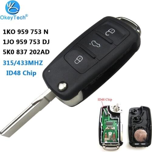 OkeyTech 5K0 837 202AD 1JO 959 753 DJ 1KO 959 753 N Remote Control Key 315/433Mhz With ID48 Chip For Volkswagen 3 Buttons Key