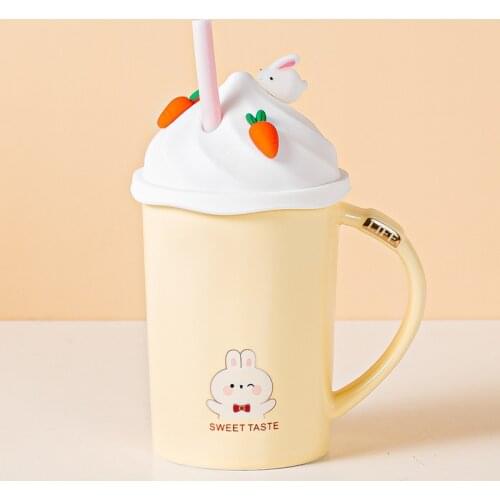 Straw Cup Silicone Cover Cartoon White Rabbit Ceramic Mug Creative Childrens Student Breakfast Water Cup