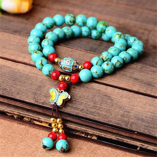 Mala Buddhist Beads Meditation Rosary Yoga Bracelet For Women Turquoise Beads Cloisonne Butterfly Bracelet Chakra Jewellery Gift