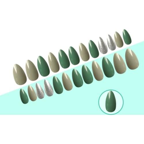 24Pcs/set Fashion Beauty False Nails Green French Stiletto Solid Color Pattern Design Popular Fake Nails Tips