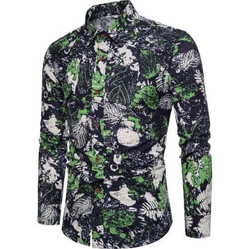 Mens Shirt Long Sleeve Turn Down Collar Single-Breasted Cardigan Shirt With Traditional Printing Casual Slim Type Tops