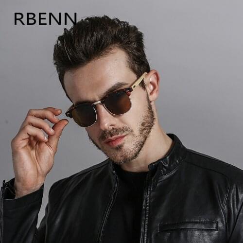 RBENN Wooden Bamboo Polarized Sunglasses Men Brand Designer Driving Sun Glasses for Male Retro Square Mirrored Shade UV400 Gafas