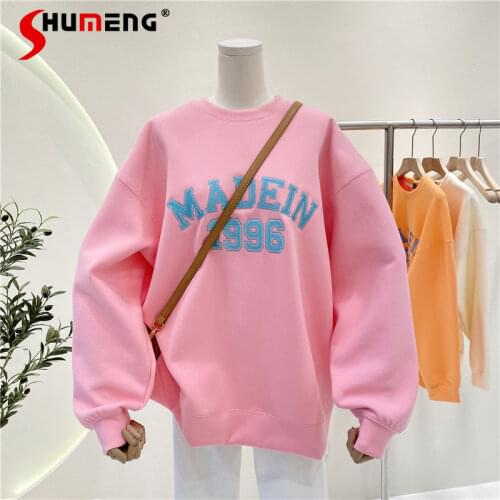 Spring New Round Neck Cotton Embroidery Letters Loose Simple Style Pullover Sweatshirt Womens Mid-Length Korean Hoodies