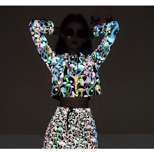 Autumn women kawaii mushrooms reflective cropped hoodie thin hoody laides harajuku hip hop punk shiny hooded sweatshirt