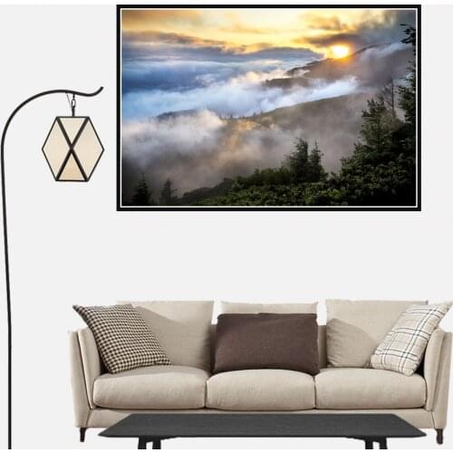 Modern Hill Mist Sunset Scenary Forest Poster Canvas Print Painting Wall Art Living Room Home Decoration