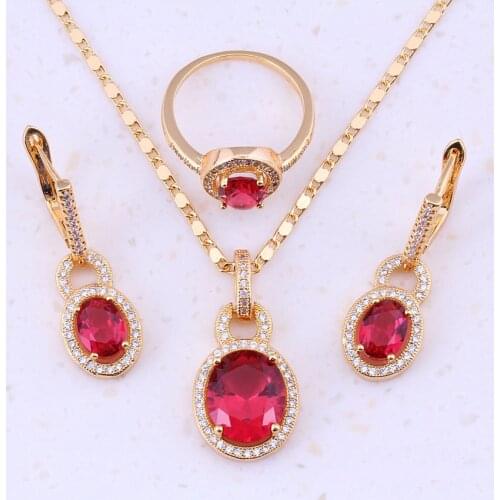 Magnificent Red Crystal & Cubic Zircon Yellow Gold Color Fashion Party Jewelry Sets For Women Free Gift Box E0010