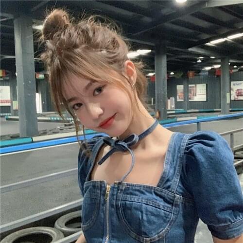 Retro Y2k Square Neck Denim Coat Women Summer Korean Sexy Backless Bandage Zipper Slim Short Sleeve Jeans Jackets Streetwear