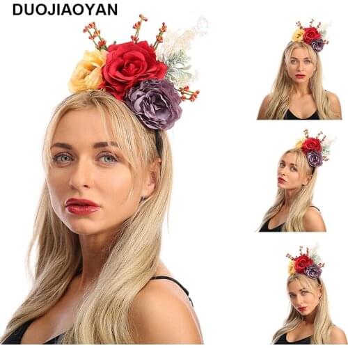 DUOJIAOYAN Best selling fashion tri-color handmade rose flower womens hair band Halloween party flower hair band women
