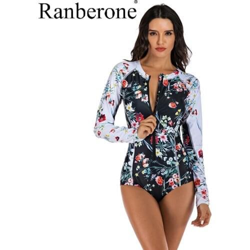 Ranberone Surf Swimsuit Women Floral Print Long Sleeves Rash Guard Sport Suit Female One Piece Lady Swim Wear Beach 2020