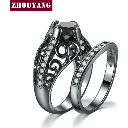 ZHOUYANG Ring Sets For Women Black Gold Color 2 Rounds Hollowing Craft Black AAA+ Cubic Zirconia Fashion Jewelry YG054