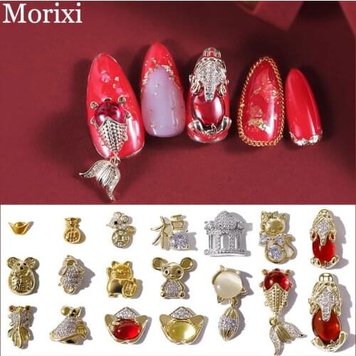 1PC nail art rhinestones cute mouse fish cat designed red crystal diamond gold plated jewelry for 3D manicure decoration MZ256