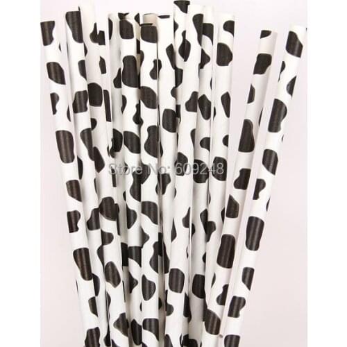 100pcs Mixed Colors Printed Black Cow Paper Straws, Cheap Cute Biodegradable Vintage Party Supplies Paper Drinking Straws