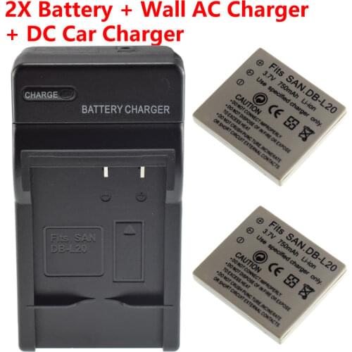 2x DB-L20 Battery + AC Wall Charger + Car Plug Sanyo VPC-CA65 CA8 CA9 CG6 CG65