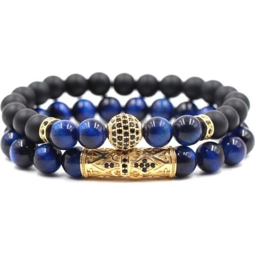 8mm 2PCS/Set uki4 elastic adjusted blue Tigereye bead Frosted agate Onyx micro pave cz zircon cubic zirconia tube Bracelet