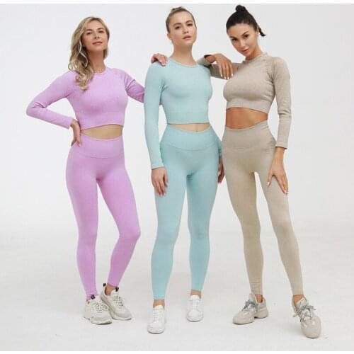 Seamless Sportswear Long Sleeve Top Yoga 2 PCS Sports Shirts Bra+Leggings Gym Clothes Sport Fitness Tracksuit Workout Set Female