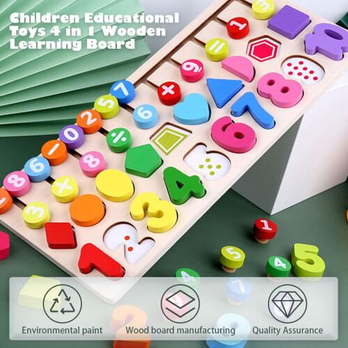 Children Educational Toys 4 in 1 Wooden Learning Board Color Shape Number Mathematical Cognition Toy for Kids 2 3 4 Years Old