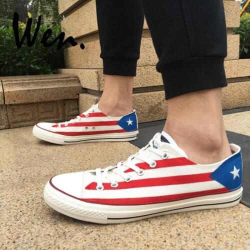 Wen Design Custom Hand Painted Sneakers Puerto Rico Flag Men Womens Birthday Gifts Low Top Canvas Shoes Lace up Plimsolls