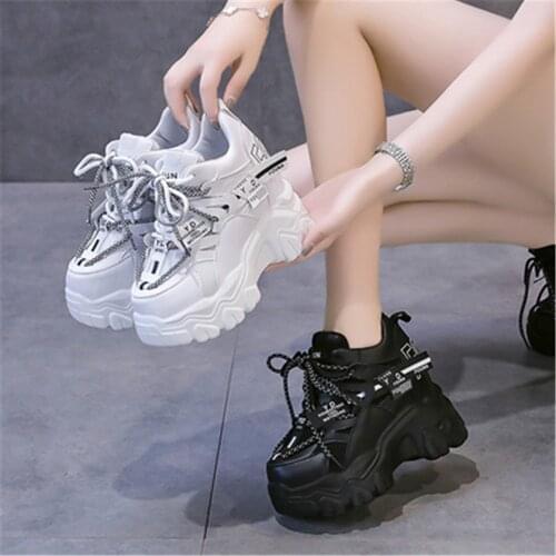 New Women Chunky Sneakers Fashion Platform Height Increased 9 CM Shoes Female Leather Lace Up Footwear Zapatos Mujer White Black