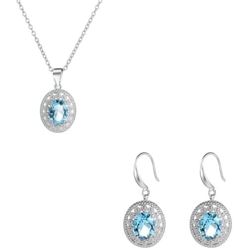 Hot Sale 925 Sterling Silver Round Cut CZ Pendant Necklace+Eararings for Women Clavicle Choker Female Fine Jewelry Set Collares