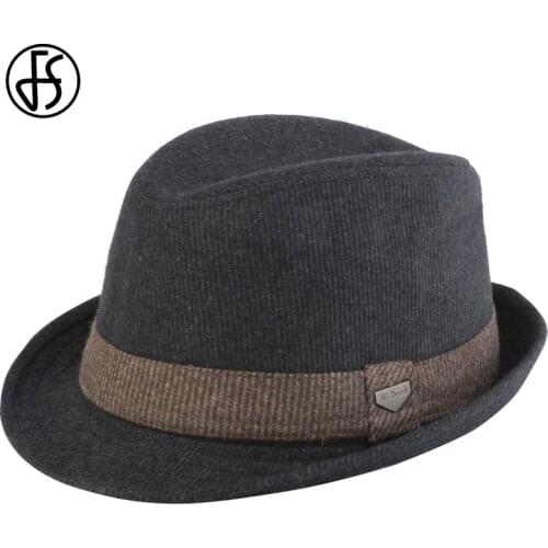 FS Vintage Black Wool Felt Wide Brim Fedora Hats For Men Striped Gangster Trilby Hat Autumn Winter Panama Jazz Cap Chapeau Homme