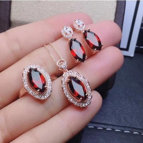 Luxurious big rhombus Natural red garnet gem S925 silver ring pendant earrings natural gemstone Jewelry Set wedding gift jewelry
