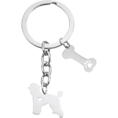New French Poodle Keychains Trendy Style Stainless Steel French Poodle Heart Key Chains Poodle Dog Bones Keyrings Jewellery