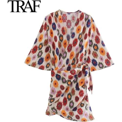 Traf Za Women Fashion Short Sleeve Dresses Summer Bow Bandage Dress Female Vintage Print V-neck Mini Dress Vestidos Mujer