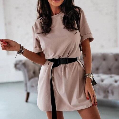 GOOHOJIO Casual Solid Women Dress With Belt Leisure White Dresses Summer T Shirt Dress Women White Short Dress Vestidos Clothes