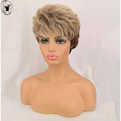 QQXCAIW Women Short Synthetic Mixed Blonde Brown Wig with Bangs Female Haircut Puffy Natural Hair For Women