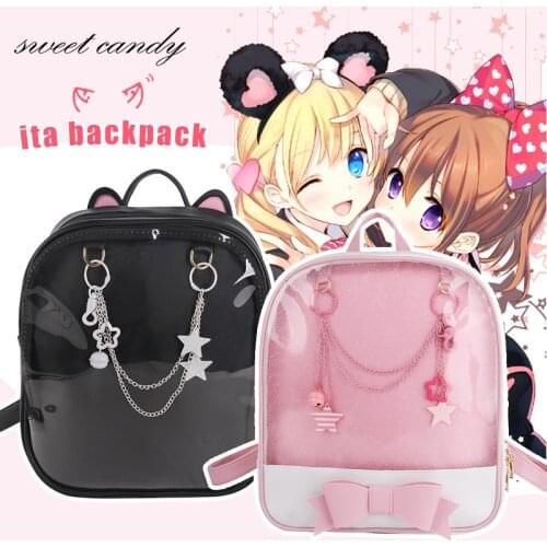Summer Candy Color PU Transparent cat ear modeling Backpack Flower Zipper Women Clear Daily Backpack Girls School Bag chain deco