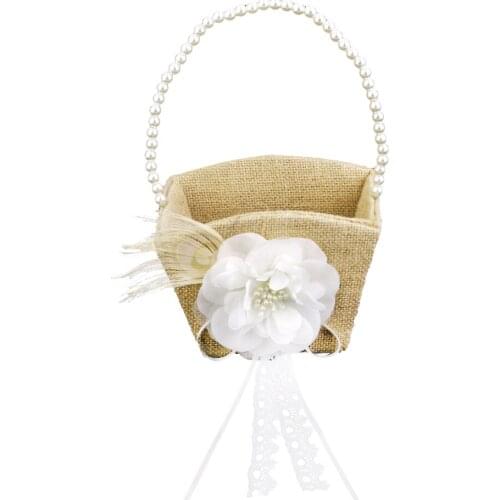 Wedding Burlap Flower Girl Basket With White Flower Beads Deco
