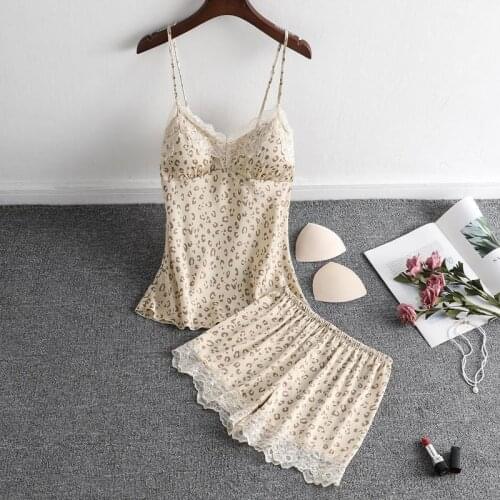 Tufaha Yellow Leopard Print Pajamas Two-piece Sling Shorts with Chest Pads Plus Size Lingere Sexy Nightwear Pajama Shorts