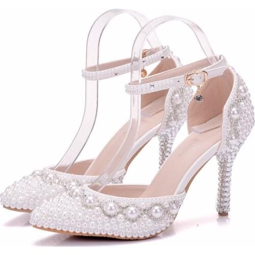 Sexy Pointed Toe White wedding shoes Pearl Wedding Shoes Bridal Thin High Heels Elegant Female Party Ankle Strap New Sandals