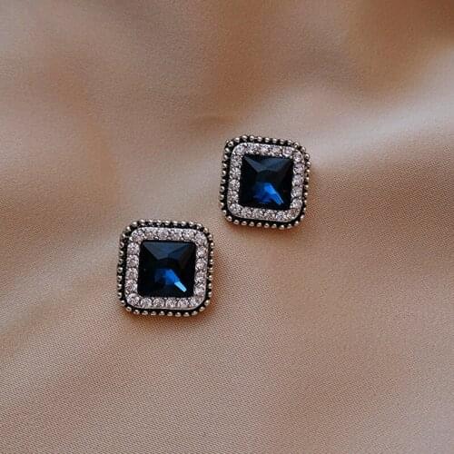 Vintage Female Blue Zircon Stud Earrings Dainty Gold Color Wedding Earrings Cute Crystal Square Wedding Earrings For Women