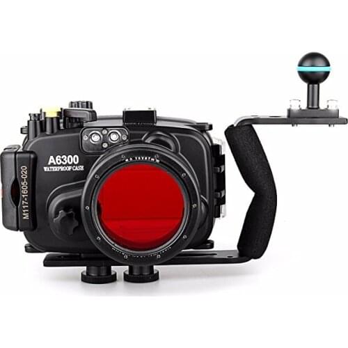 Meikon 40m/130ft Waterproof Underwater Camera Housing Case for A6300 w/ 16-50mm Lens + Aluminium Diving handle + 67mm Red Filter