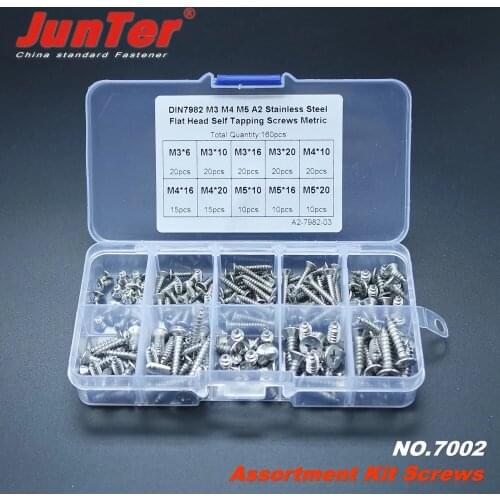 High-quality 160pcs M3 M4 M5 A2 Stainless Steel Phillips Flat Head Self Tapping Screws DIN7982 Assortment Kit NO.7002